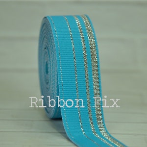 7/8&quot; Turquoise Blue & Silver Metallic Stripe Grosgrain Ribbon - Woven Stripes - Gift Wrap - Baby Shower - Wedding Party - Easter Bows - Bow