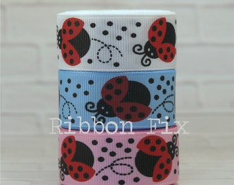 7/8" Ladybugs Grosgrain Print Ribbon - US Designer - Spring Bows - Bug Beetle - Baby Shower - Summer Flowers - Gift Wrap - Birthday Party