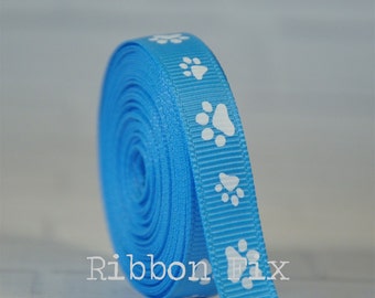 3/8" 5/8" 7/8" Columbia Copen Blue & White Paw Print Grosgrain Ribbon - US Designer Paws - Carolina - Dog Collar Leash Bow - Grooming Bows