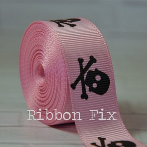 7/8&quot; Baby Pink & Black Skull Grosgrain Ribbon - US Designer Print - Skeleton - Halloween Party - Monster - Teen Princess - Dog Collar Leash