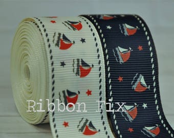 1" Stitched Sailboats Print Grosgrain Ribbon - Nautical Ropes - Ocean Boat - Wedding Gift Wrap - Baby Shower - Beach House - Navy Dog Collar