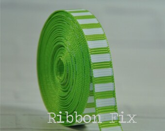 3/8" Lime Green & White Vertical Stripe Grosgrain Ribbon - US Designer Stripes Print - Baby Shower - Wedding Gift Wrap - Spring - Dog Collar