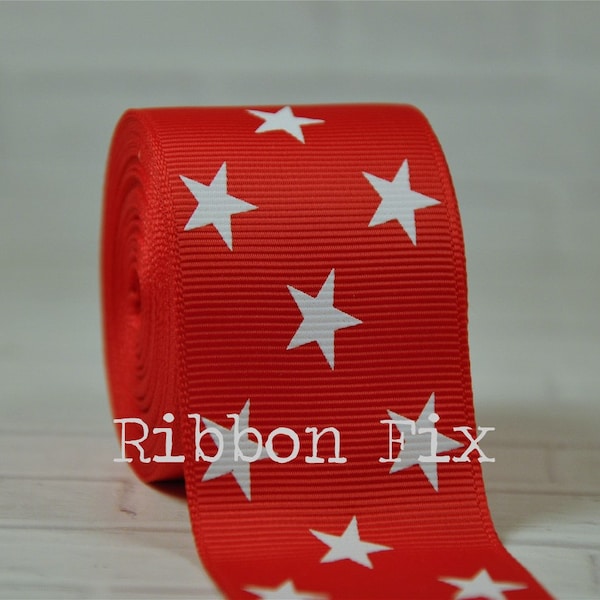 1.5" Red & White Stars Grosgrain Ribbon - US Designer Print - Red White Blue - 4th of July - USA - Bows - Military Flag - Dog Collar Leash