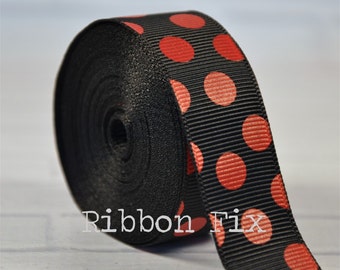 7/8" Black with Red Polka Dot Grosgrain Ribbon - Ladybug - Valentine's Day - Football Dots - Cheer Bows - Home Decor - Dog Collar Leash