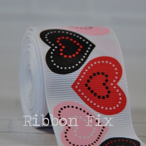 1.5&quot; White Patchwork Heart Print Grosgrain Ribbon - Valentine&#39;s Day - Wedding Bow - Gift Wrap - Dog Collar Leash - Red - Black - Baby Pink