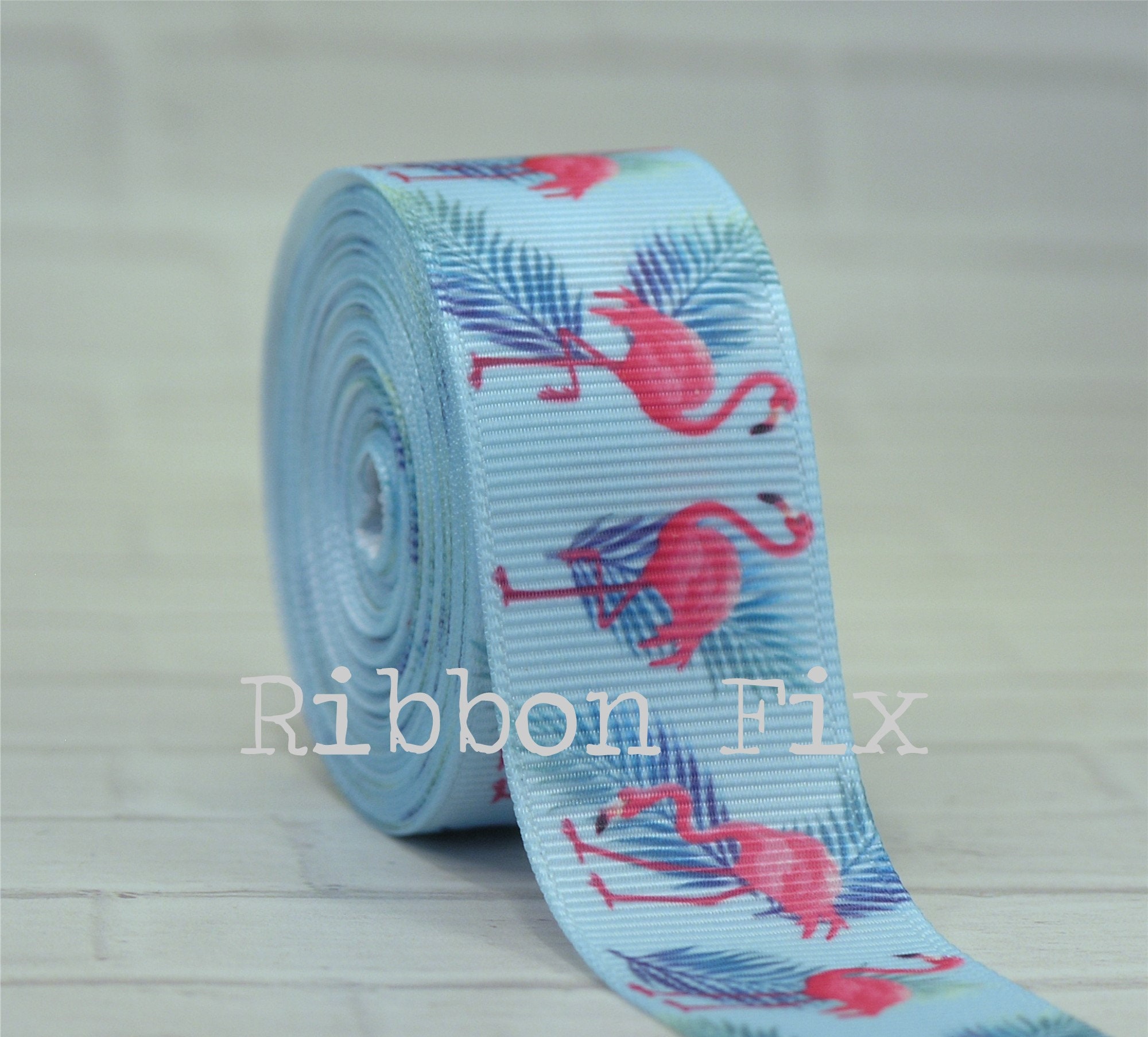 1" Light Blue Tropical Flamingo Print Grosgrain Ribbon - Camper Trailer - Luau Party - Wedding - Baby Shower - Tropical Bird -Palm Trees