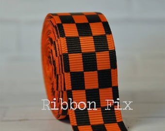 3/8", 7/8", or 1.5" Orange & Black Checker Print Grosgrain Ribbon - US Designer - Checkered Flag - Racing Bows - Race Car Party - Halloween