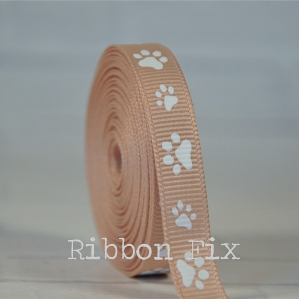 3/8" 5/8" 7/8" Tan & White Paw Print Grosgrain Ribbon - US Designer Paws - Dog Collar Leash Bow - Grooming Bows - Gift Wrap Ribbons - Animal