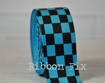3/8", 7/8", or 1.5" Turquoise & Black Checker Print Grosgrain Ribbon - Finish Line Bow - Blue Checkered Flag - Racing Bows - Race Car Party