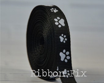 3/8&quot; 5/8&quot; 7/8&quot; Black & White Paw Print Grosgrain Ribbon - US Designer Paws - Baby Shower - Wedding - Dog Collar Leash Bow - Grooming Bows