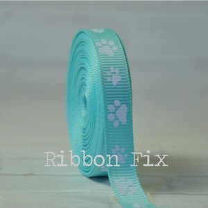 3/8&quot; Aqua Blue & White Paw Print Grosgrain Ribbon - US Designer Paws - Dog Cat Collar Leash Bow - Grooming Bows Gifts - Treat - Aquamarine