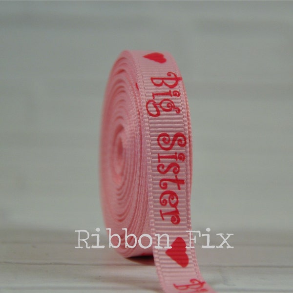 3/8" Baby Pink + Shocking Pink Big Sister Print Grosgrain Ribbon - BFF - Besties - US Designer - Heart Bows - Love - Dog Collar - Gift Wrap