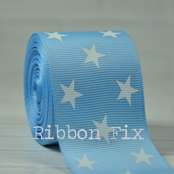 1.5" Baby Blue & White Stars Grosgrain Ribbon - US Designer Print - Red White Blue - 4th of July - USA - Baby Shower Bows - Dog Collar Leash