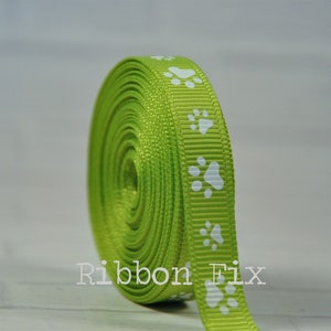 3/8&quot; 5/8&quot; 7/8&quot; Lime Green & White Paw Print Grosgrain Ribbon - US Designer Paws - Baby Gift - Korkers - Dog Collar Leash Bow - Grooming Bows