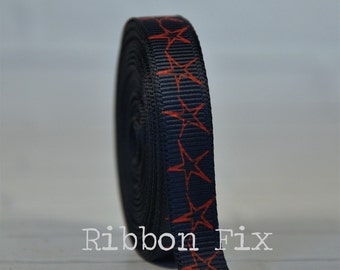 3/8 » Navy Blue & Red Drawn Star Print Grosgrain Ribbon - 4 juillet - Red White Blue - USA Stars - Flag - Patriotic - Dog Collar Leash