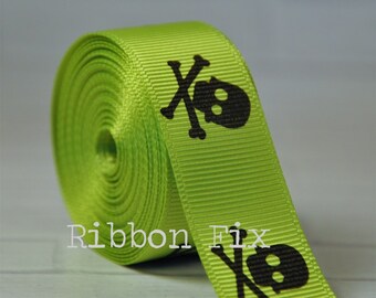 7/8" Lime Green Skull Grosgrain Ribbon - US Designer Print - Skeleton Bones - Pirate Craft  - Zombie Monster - Dog Collar Leash - Halloween