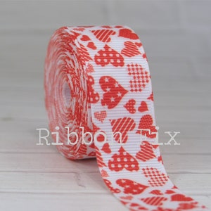 7/8&quot; Red & White Calico Heart Print Grosgrain Ribbon - Valentine&#39;s Day - Wedding Party - Hearts - Love - Gift Wrap - Bows - Anniversary