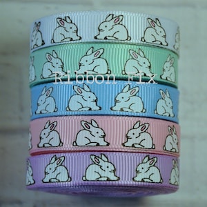 3/8" Easter Bunny Print Grosgrain Ribbon - US Designer - Egg Hunt - Rabbit Bow - White - Pastel Green - Baby Blue - Pink - Lt. Orchid Purple