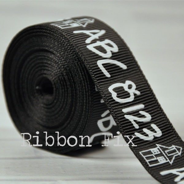 7/8" Chalkboard Print Grosgrain Ribbon - Fall Alphabet - Back to School - Teacher Gift Wrap - Chalk Board - Blackboard - Dog Collar Leash