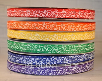 3/8" Primary Rainbow Swirl Print Grosgrain Ribbon - US Designer Swirls - Gift Wrap - Red - Orange - Yellow - Green - Blue - Purple - Rainbow