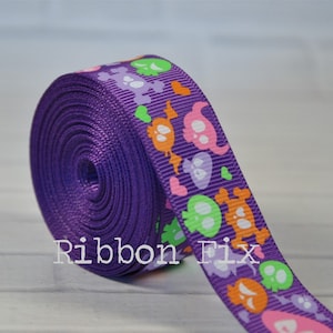 7/8&quot; Purple Silly Skull Print Grosgrain Ribbon - Sugar Skull - Halloween Bow - Baby Shower - Dog Collar Leash - Dia de los Muertos Skeleton