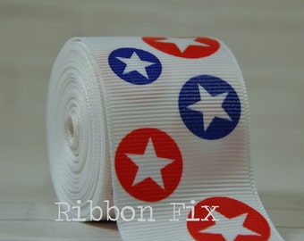 1.5" Star Dots Grosgrain Ribbon - US Designer Print - Red White Blue - 4th of July - USA Patriotic - Dog Collar Leash - Circle Stars