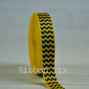 3/8&quot; Yellow & Black Chevron Stripe Grosgrain Ribbon - US Designer Stripes - Baby Shower - Korker Bows - Home Decor - Dog Collar - Honey Bee