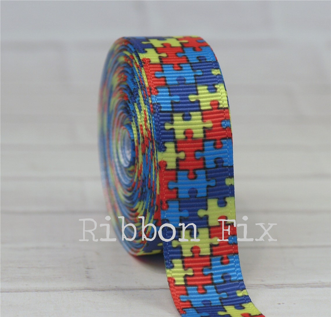 5/8" Autism Awareness Puzzle Print Grosgrain Ribbon - School Bow ...