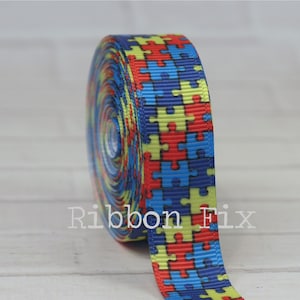 5/8&quot; Autism Awareness Puzzle Print Grosgrain Ribbon - School Bow - Rainbow Pieces - Red - Yellow - Copen - Royal Blue - Light It Up - ASD