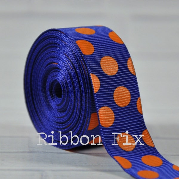7/8" Royal Blue with Orange Polka Dot Grosgrain Ribbon - Gators - Sports Bows - Gift Wrap - Football Dots - Home Decor - Dog Collar Leash