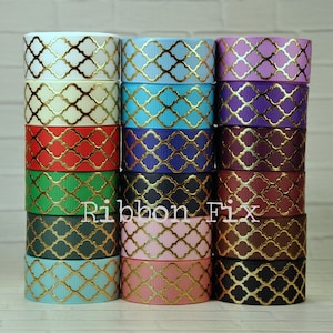 7/8&quot; Gold Foil Quatrefoil Print Grosgrain Ribbon - Honeycomb -  Clover Leaf - Baby Pink - Brown - Black - Forest Green - Navy Blue - White