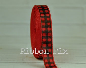 3/8&quot; Red & Black Buffalo Plaid Print Grosgrain Ribbon - US Designer - Christmas Check Gift Wrap - Ornament Bow - Bakery Treat Ties - Gingham
