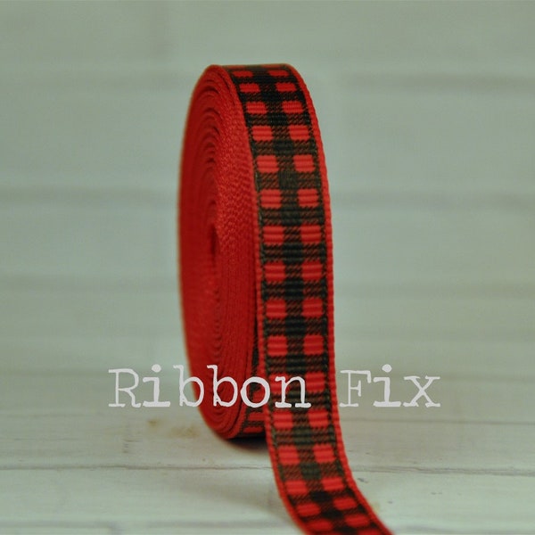 3/8" Red & Black Buffalo Plaid Print Grosgrain Ribbon - US Designer - Christmas Check Gift Wrap - Ornament Bow - Bakery Treat Ties - Gingham