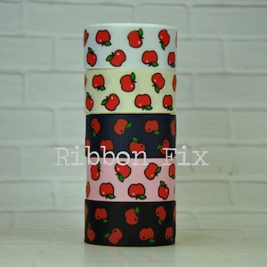 7/8&quot; Red Apple Print Grosgrain Ribbon - Back to School - Fall Bows - Fruit Tree - Teacher Gift Wrap - Baby Shower - White Pink Navy Black