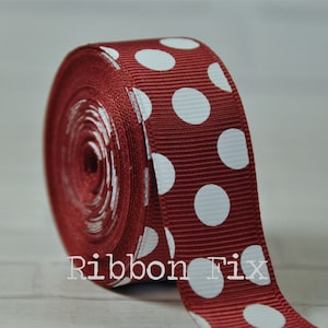 7/8" 1.5" Burgundy with White Polka Dot Grosgrain Ribbon - Wedding Shower - Maroon Dots - Hunting Bows - College Football - Cheer Bow - Deer