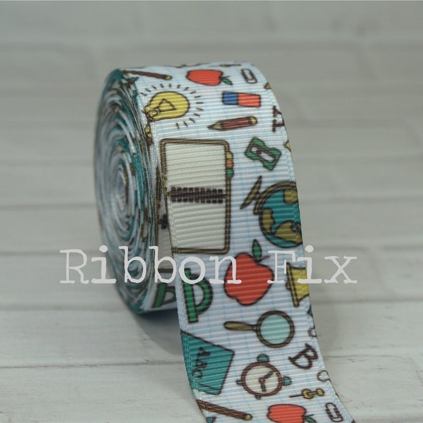 1" School Supply Print Grosgrain Ribbon - Preschool - Kindergarten Pencils - Art Class - Craft Project - Teacher Gift - School Bows - Globe