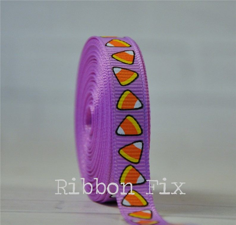 Trick or Treat Gift Tie Korker Halloween Party Dog Collar Bow US Designer 38 Orchid Purple Candy Corn Print Grosgrain Ribbon