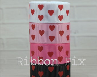 7/8" Red Ink Hearts Print Grosgrain Ribbon - Valentine's Day - White - Baby Pink - Hot Pink - Black - Love Bows - Gift Wrap - Dog Collar