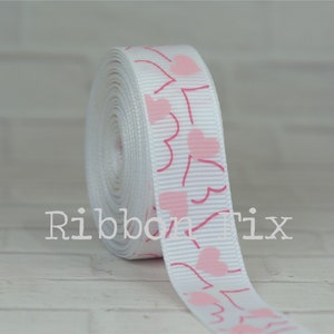 5/8&quot; White & Pale Pink Stencil Heart Print Grosgrain Ribbon - Valentine&#39;s Day Bow - Gift Wrap - White Hearts - Love Bows - Wedding Crafts