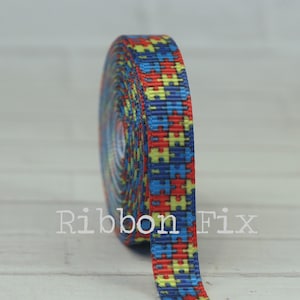 3/8&quot; Autism Awareness Puzzle Print Grosgrain Ribbon - School Bow - Rainbow Pieces - Red - Yellow - Copen - Royal Blue - Light It Up - ASD