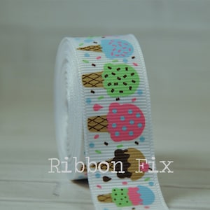 7/8&quot; White Ice Cream Cones Grosgrain Ribbon - US Designer Print - Waffle Cone - Ice Cream - Craft Project - Sprinkles - Chocolate -  Vanilla