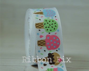 7/8" White Ice Cream Cones Grosgrain Ribbon - US Designer Print - Waffle Cone - Ice Cream - Craft Project - Sprinkles - Chocolate -  Vanilla