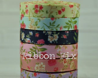 3/8&quot; Floral Garden Print Grosgrain Ribbon - Pink- Purple - Navy Blue - Green - Dog Collar Leash - Flower Hair Bows - Roses - Tulips - Daisy