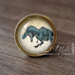 May include: A round, brass-colored cabinet knob with a glass insert featuring a detailed illustration of a blue dinosaur with a white background.