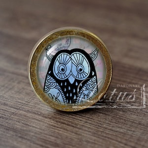 May include: A round cabinet knob with a brass finish and a clear glass top. The glass features a black and white owl illustration. The owl has large eyes and decorative feather details. The knob is likely for furniture.
