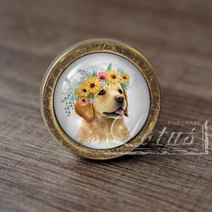 May include: A gold-toned cabinet knob with a round glass insert featuring a golden retriever wearing a flower crown. The dog is looking to the left of the image.