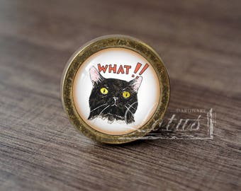 May include: A circular cabinet knob with a brass finish. It displays a watercolour illustration of a black cat with yellow eyes and the word "WHAT!!" in red. A unique decorative hardware item.