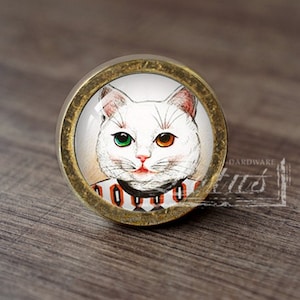 May include: A white cat with one green eye and one orange eye wearing a red and black striped shirt. The cat is depicted on a round, gold-colored knob.