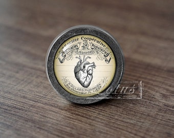 May include: A silver knob with a vintage-style label featuring a heart and the text "Societe Cooperative Pharmacies Populaires Liegeoises H. Gillard Pharmacien Rue d'Amercoeur 71, Liege".