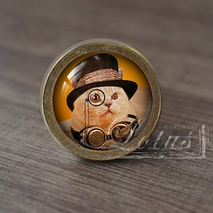 Op de afbeelding: Een ronde, messingkleurige knop met een glazen inzetstuk met een kat die een hoge hoed, een monocle en een bril draagt. De kat bevindt zich op een gele achtergrond.